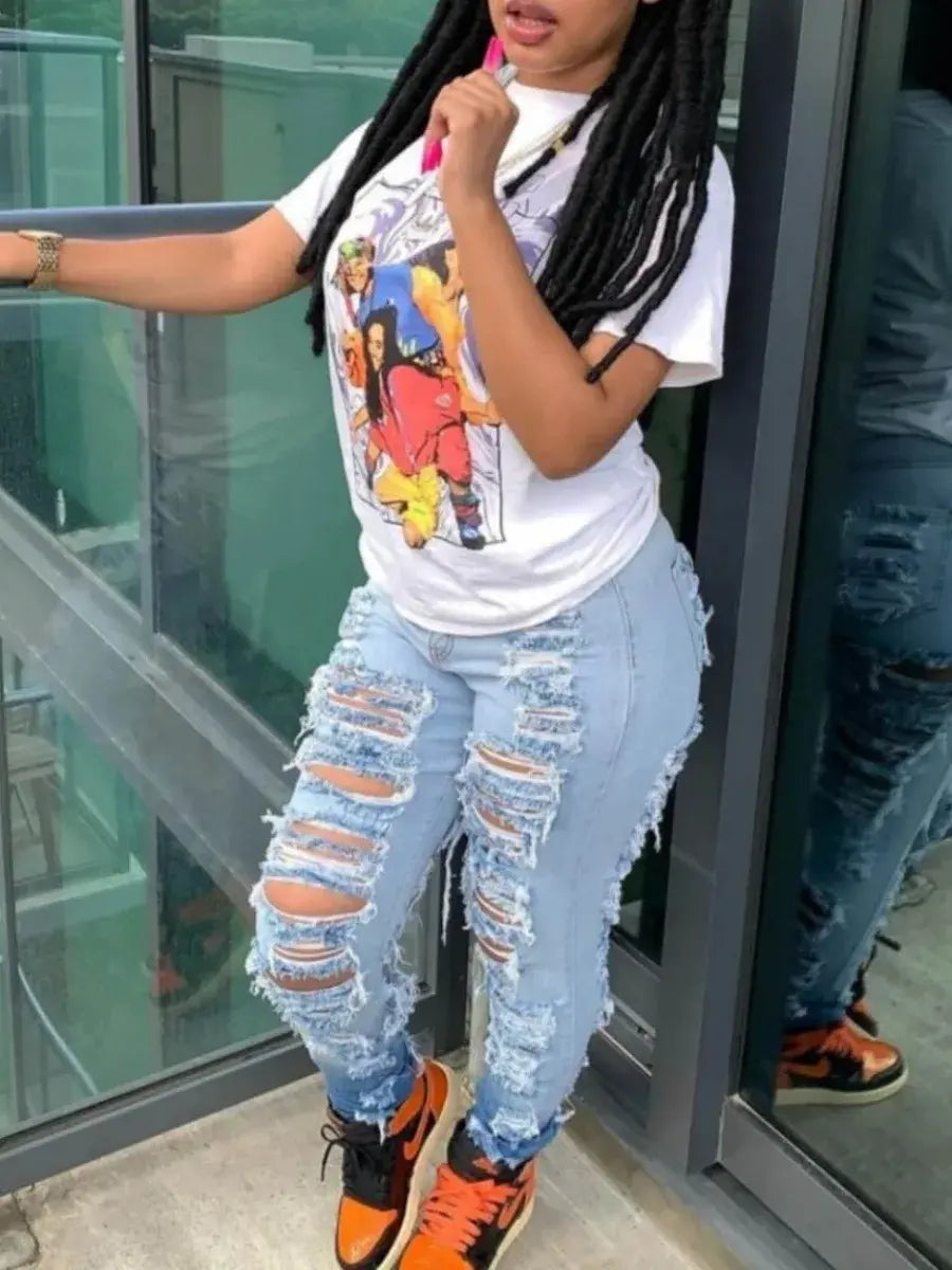 Plus Size Skinny High Waist Street Hipsters Ripped Baby Blue Stretchy Denim Jeans