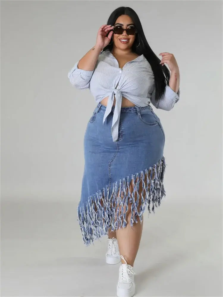 Plus Size Women's Denim Maxi with Tassels