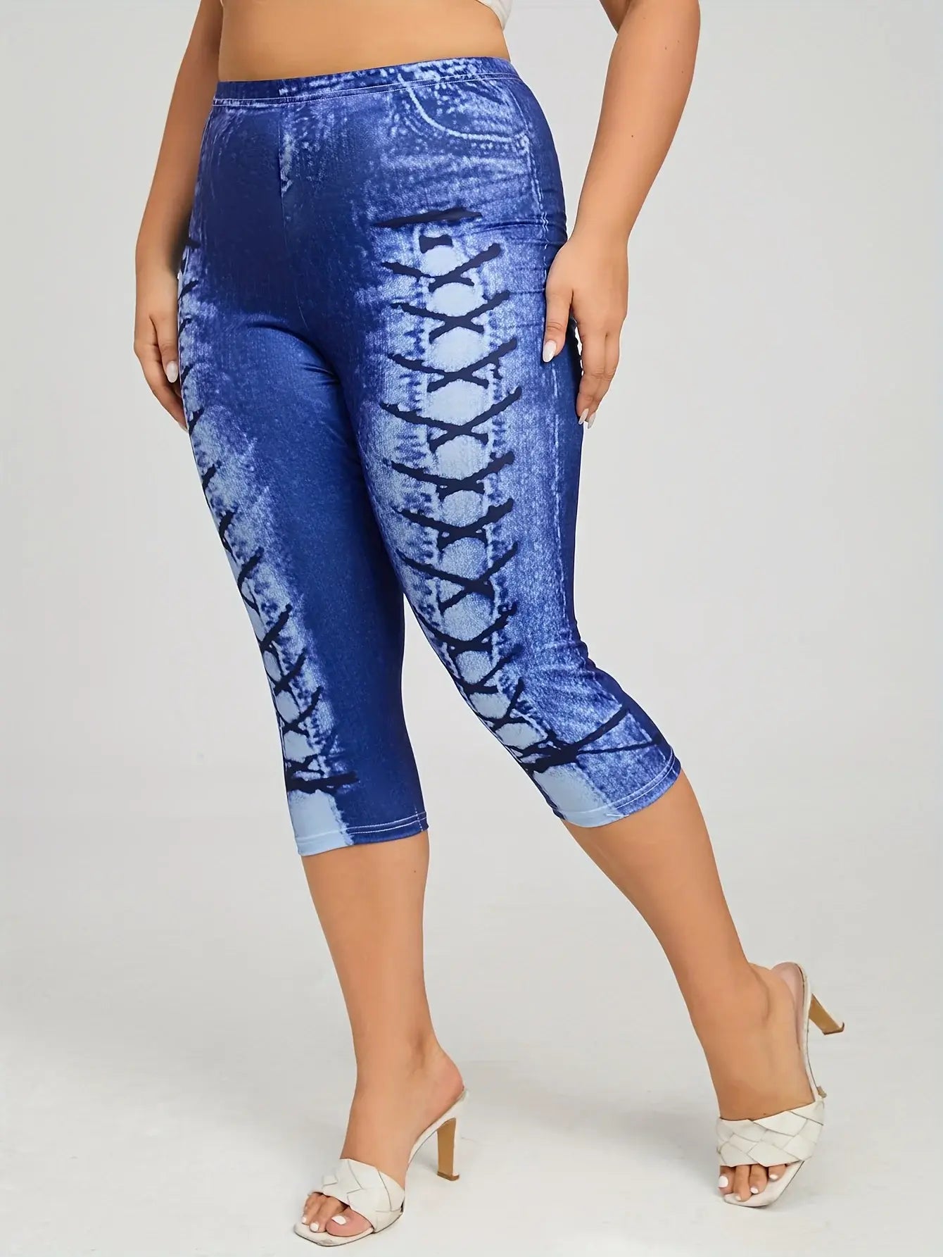 Plus size Four Seasons New Fashionable and Elegant Digital Printing 3D Imitation Denim Women's Middle Pants