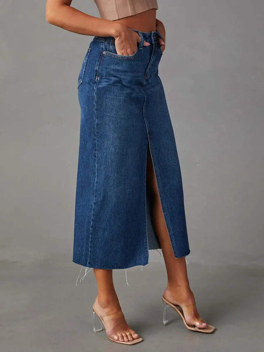 Women High Waist Long Denim Skirt with Slit and Pockets