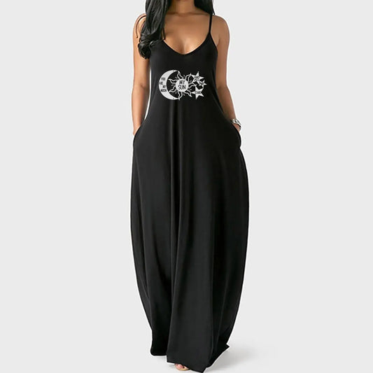 Sexy Deep V-neck Sleeveless Beach Casual Dress with High Waist Pockets