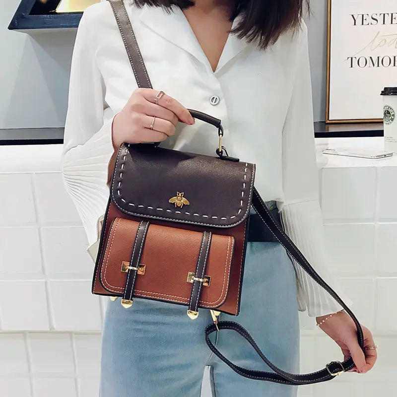 Vintage Paneled Leather Women Backpack