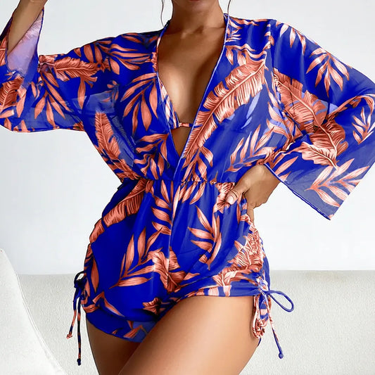 High Waist Print Drawstring Three Piece Bikini Set Swimsuit