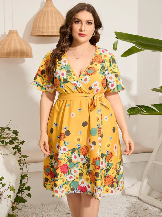 Plus Size Midi Floral Print Yellow Dress