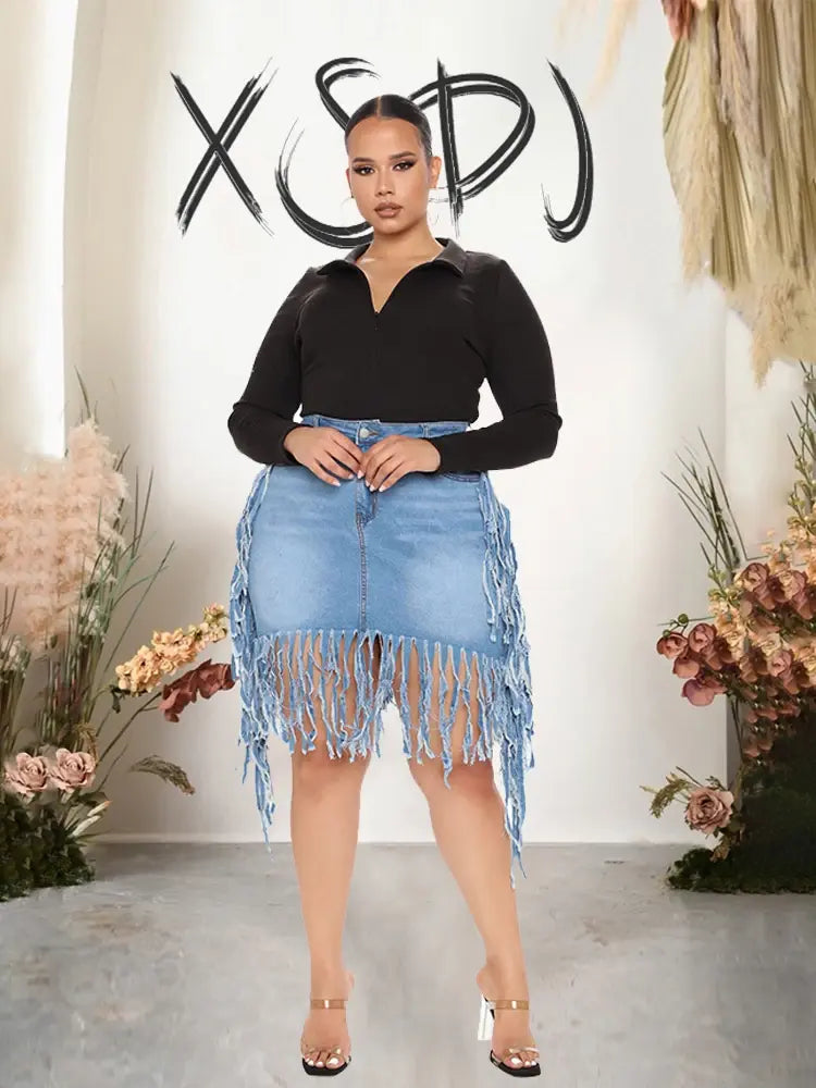 Tight Plus Size Denim Skirt Short Skirt with Tassel