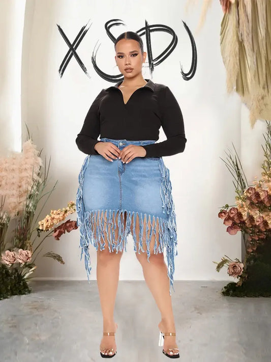 Tight Plus Size Denim Skirt Short Skirt with Tassel