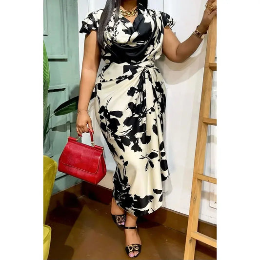 Plus Size Black Print V Neck Fold Midi Dress