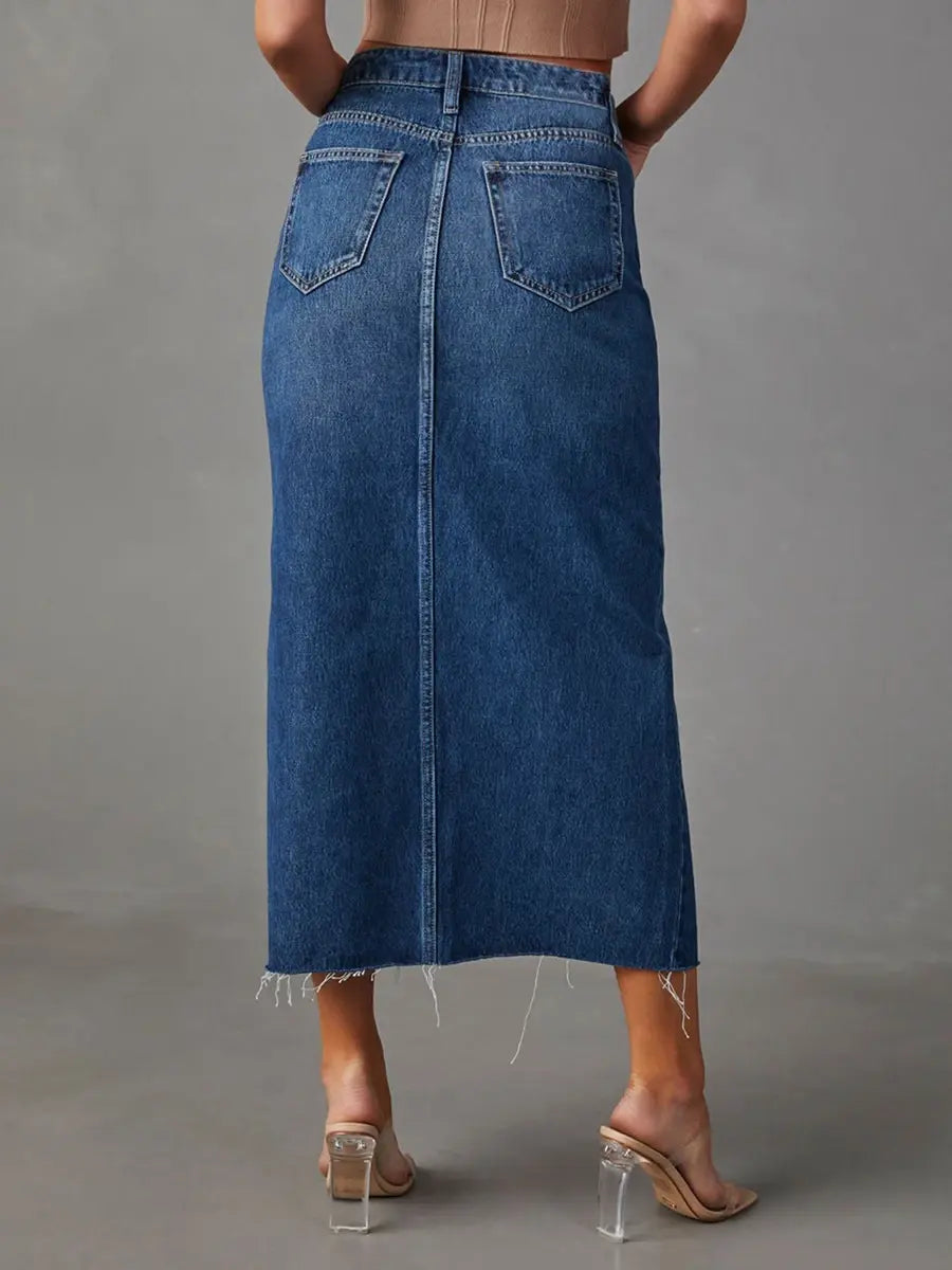 Women High Waist Long Denim Skirt with Slit and Pockets