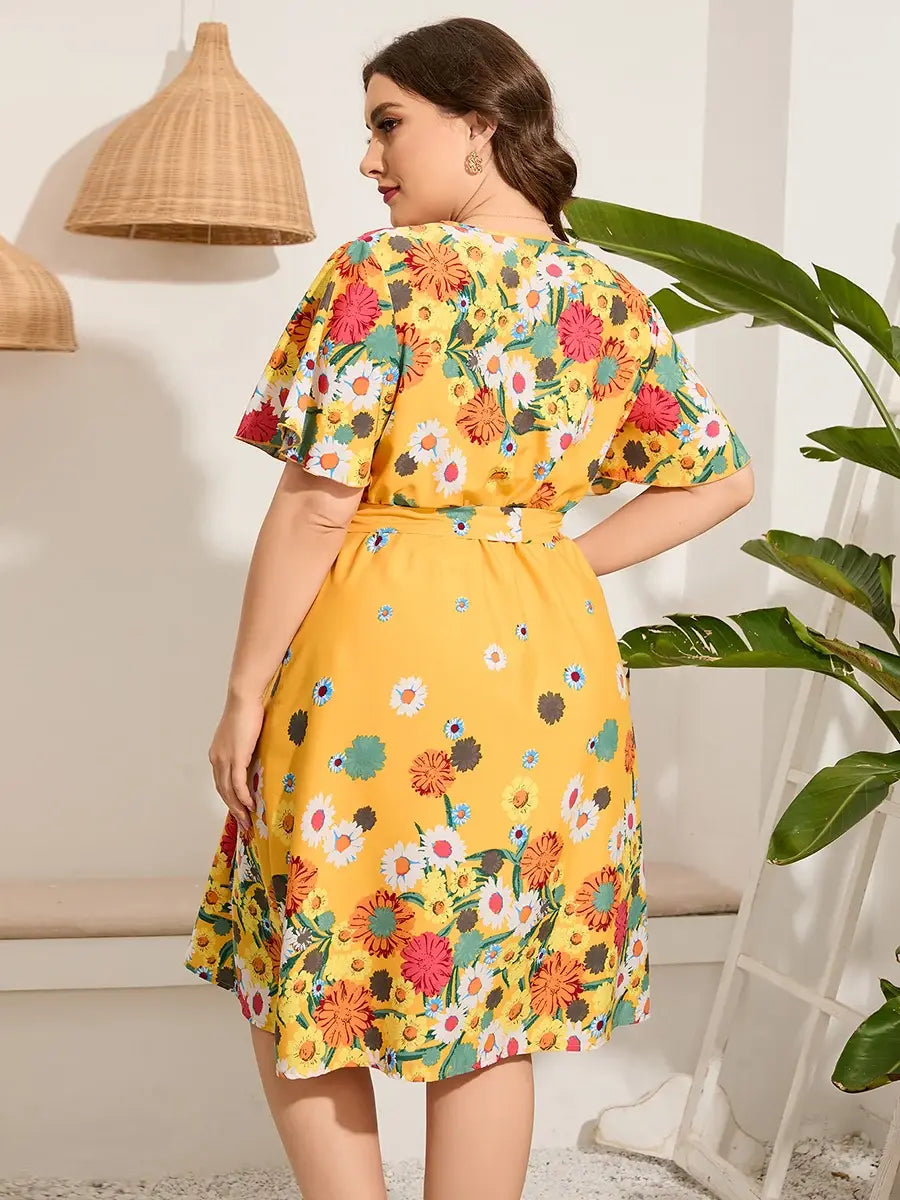Plus Size Midi Floral Print Yellow Dress