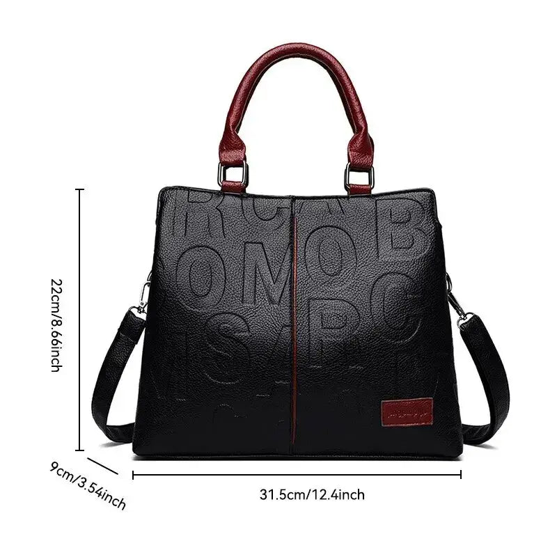 Solid Color Shoulder Large Capacity Soft Leather Cloth Letter Embossed Ladies Handbag