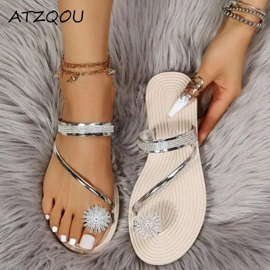 Flat Flip Flops Women Slides with Sparkly Rhinestone Sandals