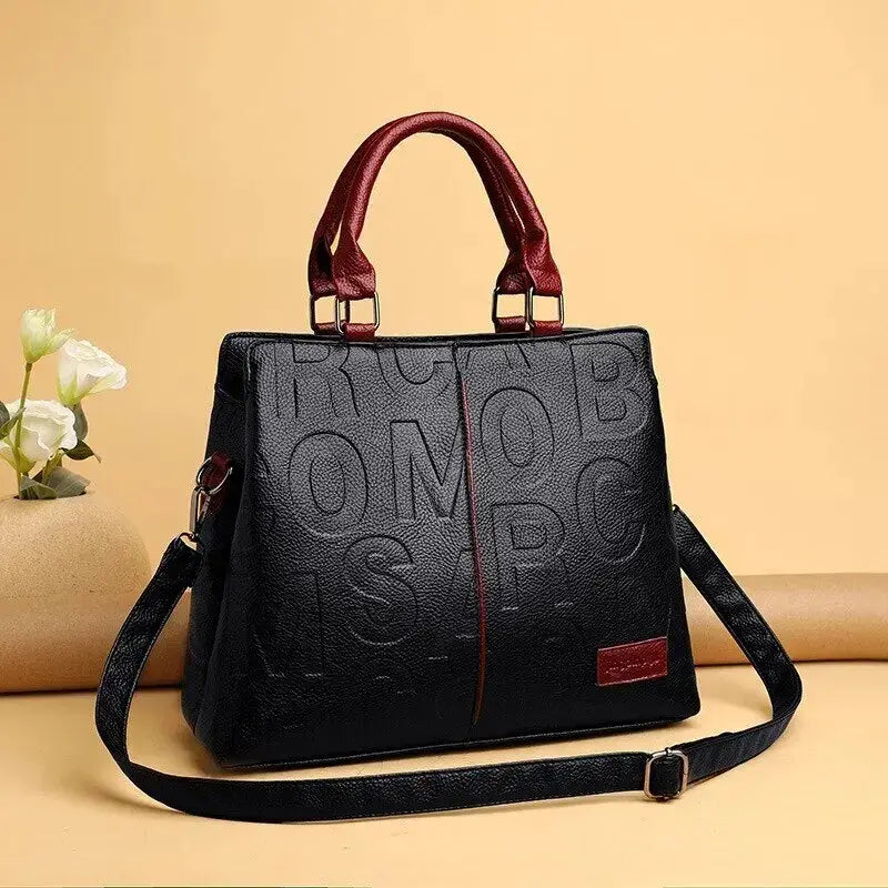 Solid Color Shoulder Large Capacity Soft Leather Cloth Letter Embossed Ladies Handbag